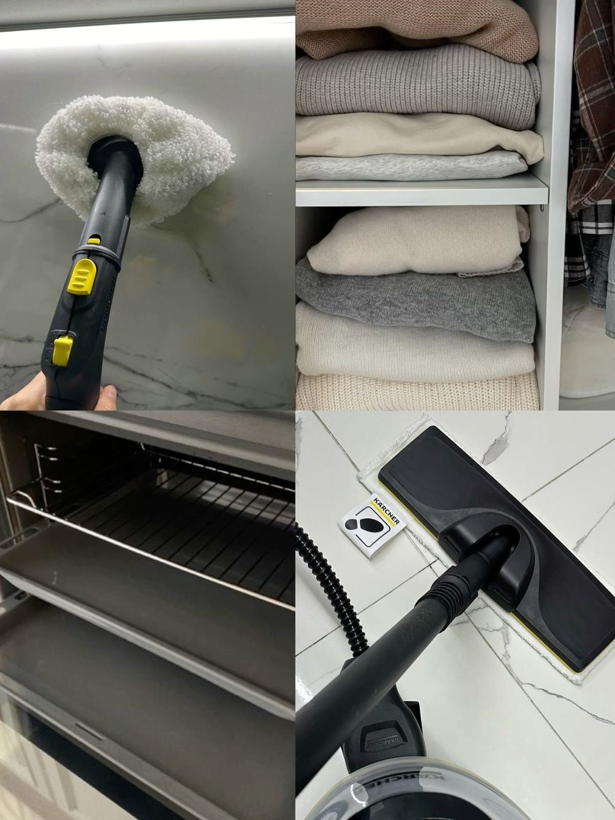 Kolaż przedstawiający czyszczenie parowe powierzchni, uporządkowane ubrania w szafie i wnętrze piekarnika z wysuwaną blachą.