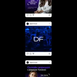 Trzy posty z Instagrama promujące konferencję, logo firmy DF i warsztaty online z chatbotami, wszystkie z wizerunkiem kobiet.