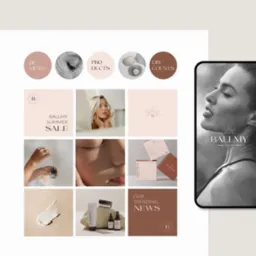 Kompozycja graficzna prezentująca branding marki kosmetycznej Ballmy: moodboard z miniaturkami zdjęć produktów i grafiki, obok telefon z reklamą marki w czerni i bieli.