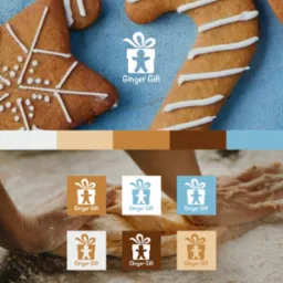 Graficzna prezentacja logo 'Ginger Gift' z motywem piernika, umieszczonego na tle z piernikami i ciastem, paleta kolorów na górze.