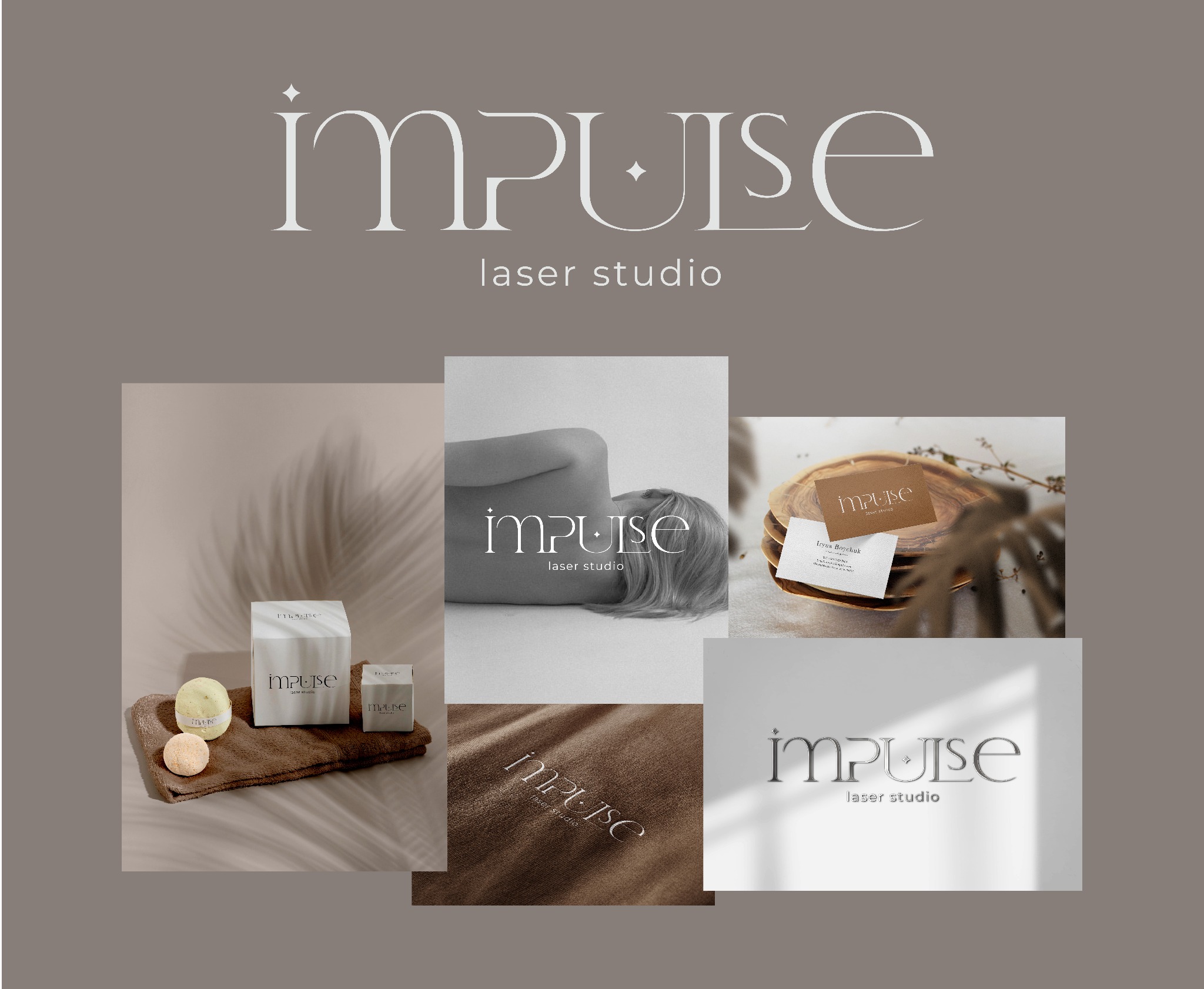 Kolaż prezentujący identyfikację wizualną firmy Impulse Laser Studio, zawierający logo na opakowaniach kosmetyków, wizytówkach, tkaninie i w formie cienia na ścianie, oraz zdjęcie modelki.