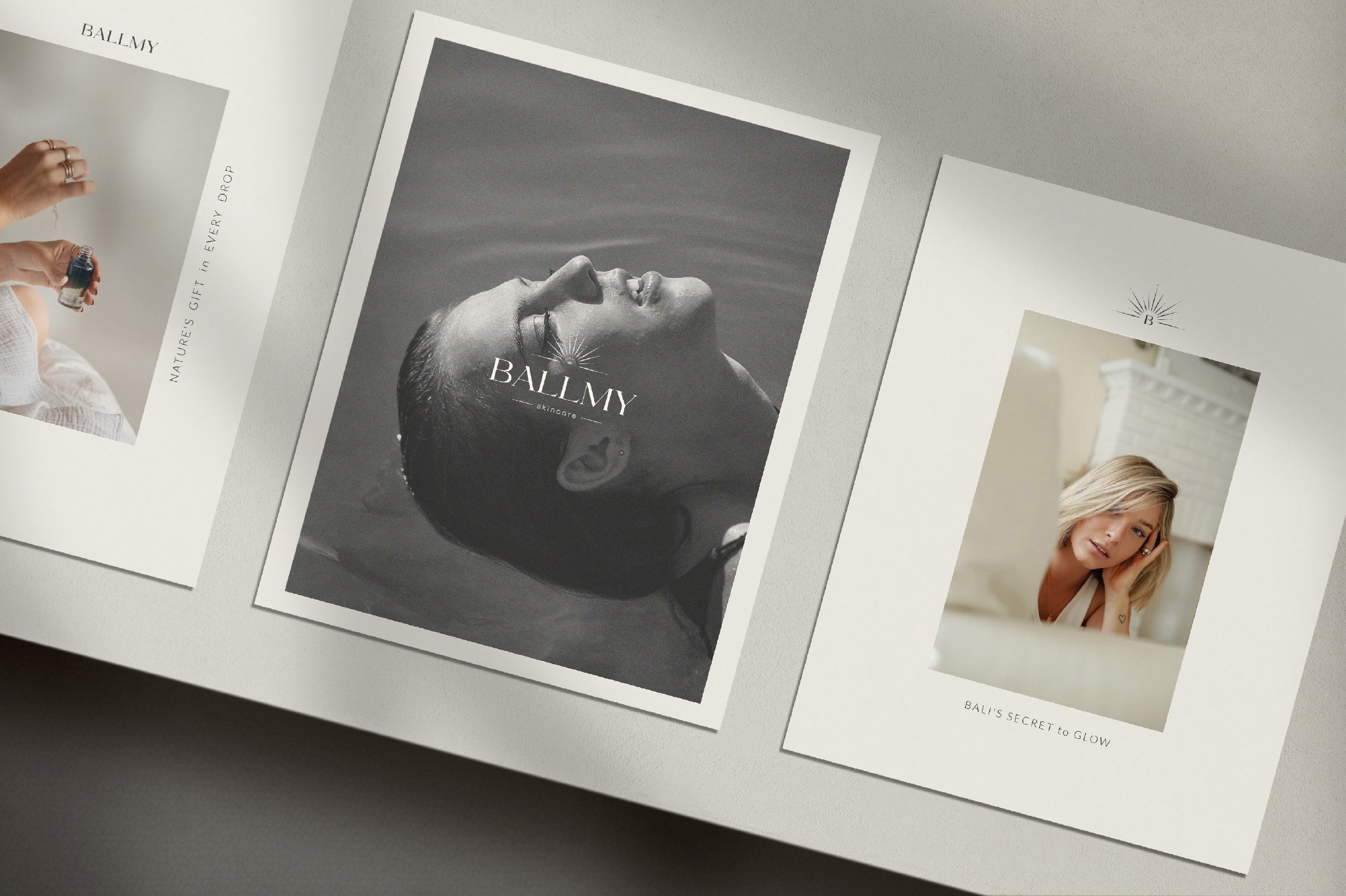 Trzy plakaty z różnymi motywami: kobieta z kroplą kosmetyku, czarno-białe ujęcie kobiety leżącej w wodzie oraz portret blondynki, prezentowane w Łodzi.