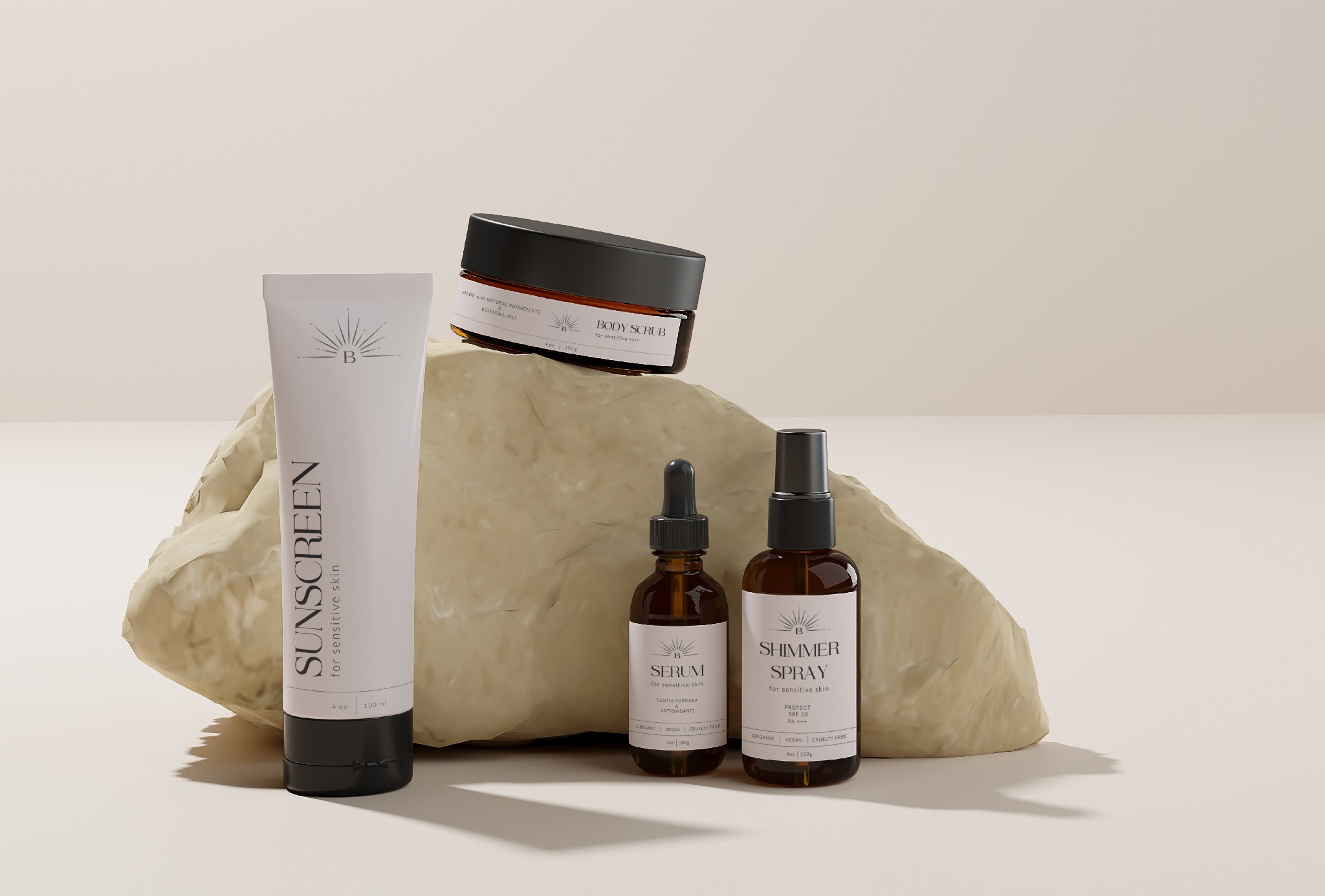Kompozycja kosmetyków do pielęgnacji skóry wrażliwej: krem z filtrem, scrub do ciała, serum i spray rozświetlający, ustawione na tle beżowej skały.
