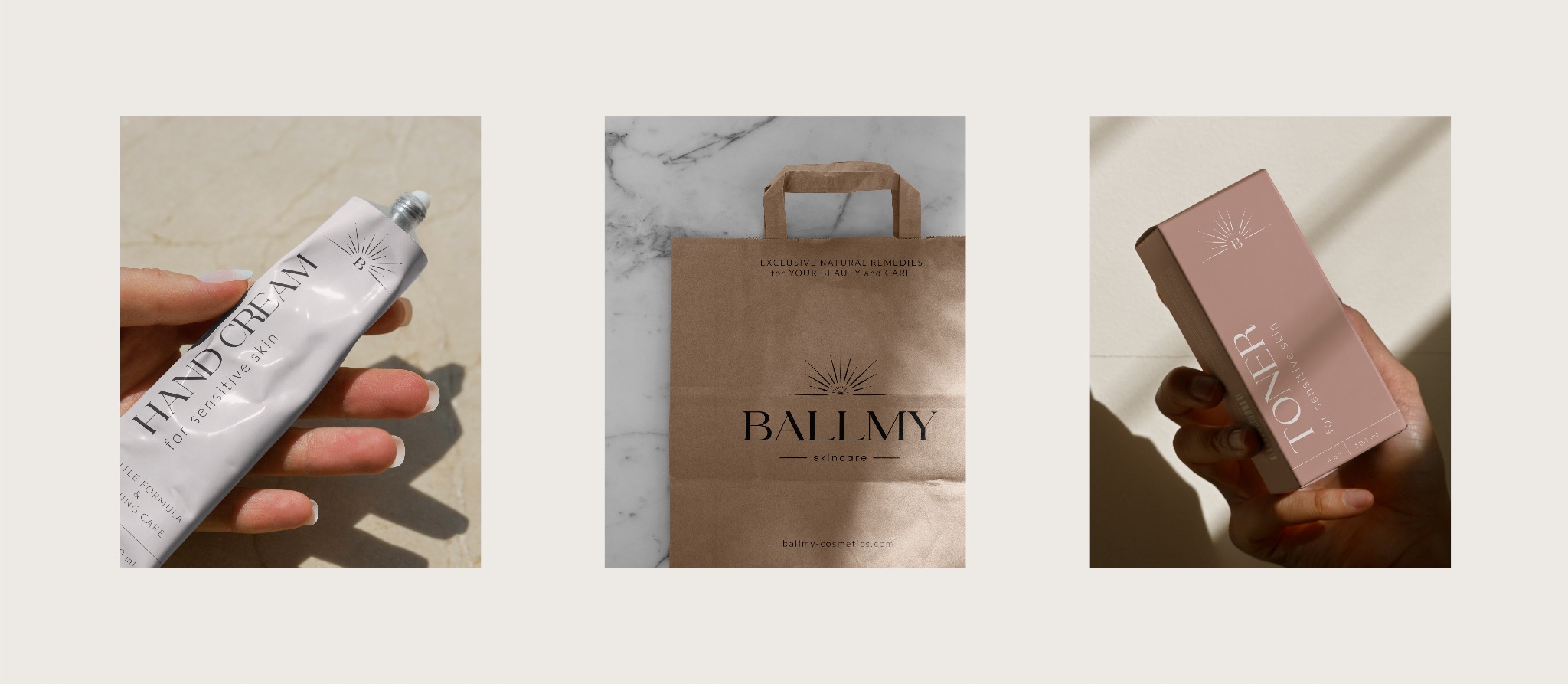 Prezentacja identyfikacji wizualnej marki kosmetycznej Ballmy: krem do rąk, toner w pudełku i papierowa torba z logo na beżowym tle.
