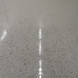 Jasnoszara, błyszcząca posadzka z drobnymi, czarnymi i białymi wtrąceniami, widoczne odbicie światła.