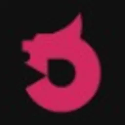 Różowe logo na czarnym tle, przypominające płomień lub stylizowaną literę 'D' z elementami zwierzęcymi.