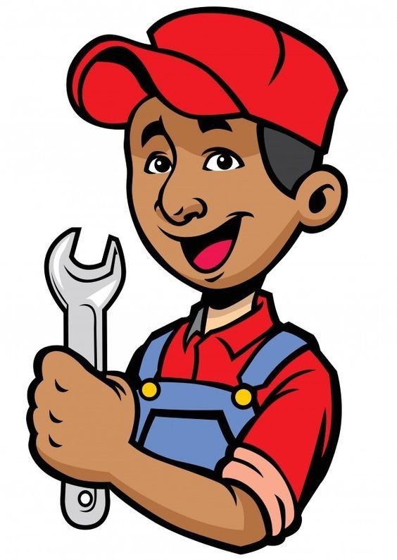 Karykatura hydraulika w czerwonej czapce i niebieskim kombinezonie trzymającego klucz francuski.