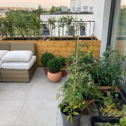 PW Pawelo Paweł Ostaszewski - Jasny taras z szarymi płytkami, rattanowym narożnikiem z białymi poduchami i drewnianymi donicami z roślinami, widok na miasto w tle.