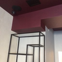 PW Pawelo Paweł Ostaszewski - Pomieszczenie z ciemnoczerwonym sufitem, w którym zamontowano głośnik i czujnik oraz nowoczesny metalowy regał z czarnych profili.