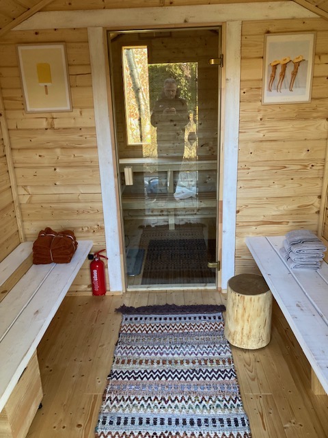 Wnętrze drewnianej sauny z szklanymi drzwiami, widoczne drewniane ławki, dywanik w zygzaki, pień drzewa jako stolik oraz gaśnica. W odbiciu w szkle widoczna osoba robiąca zdjęcie.