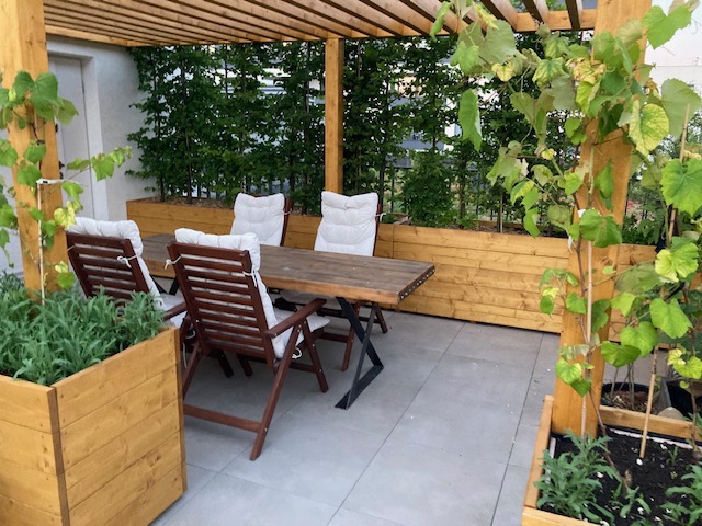 Zadaszony taras z drewnianą pergolą, roślinami w drewnianych donicach, stołem i krzesłami z poduszkami.