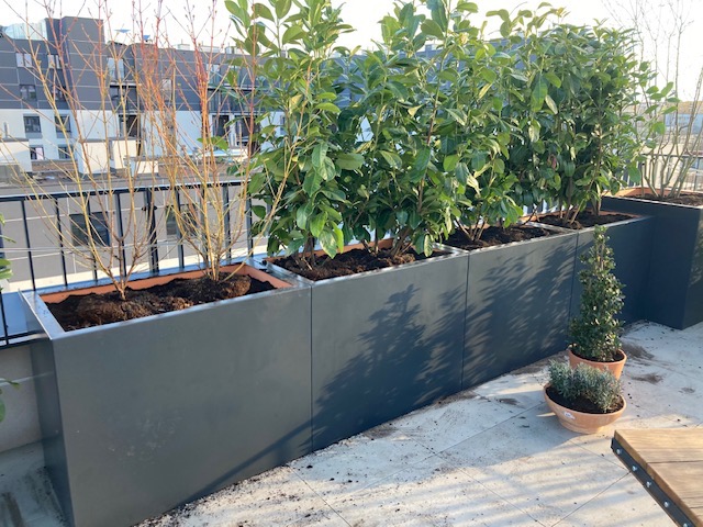 Metalowe donice z roślinami na balkonie, widok na miasto w tle, słoneczny dzień.