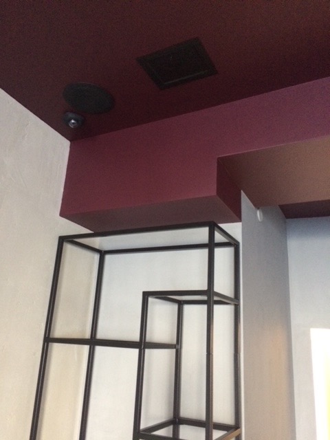 Pomieszczenie z ciemnoczerwonym sufitem, w którym zamontowano głośnik i czujnik oraz nowoczesny metalowy regał z czarnych profili.