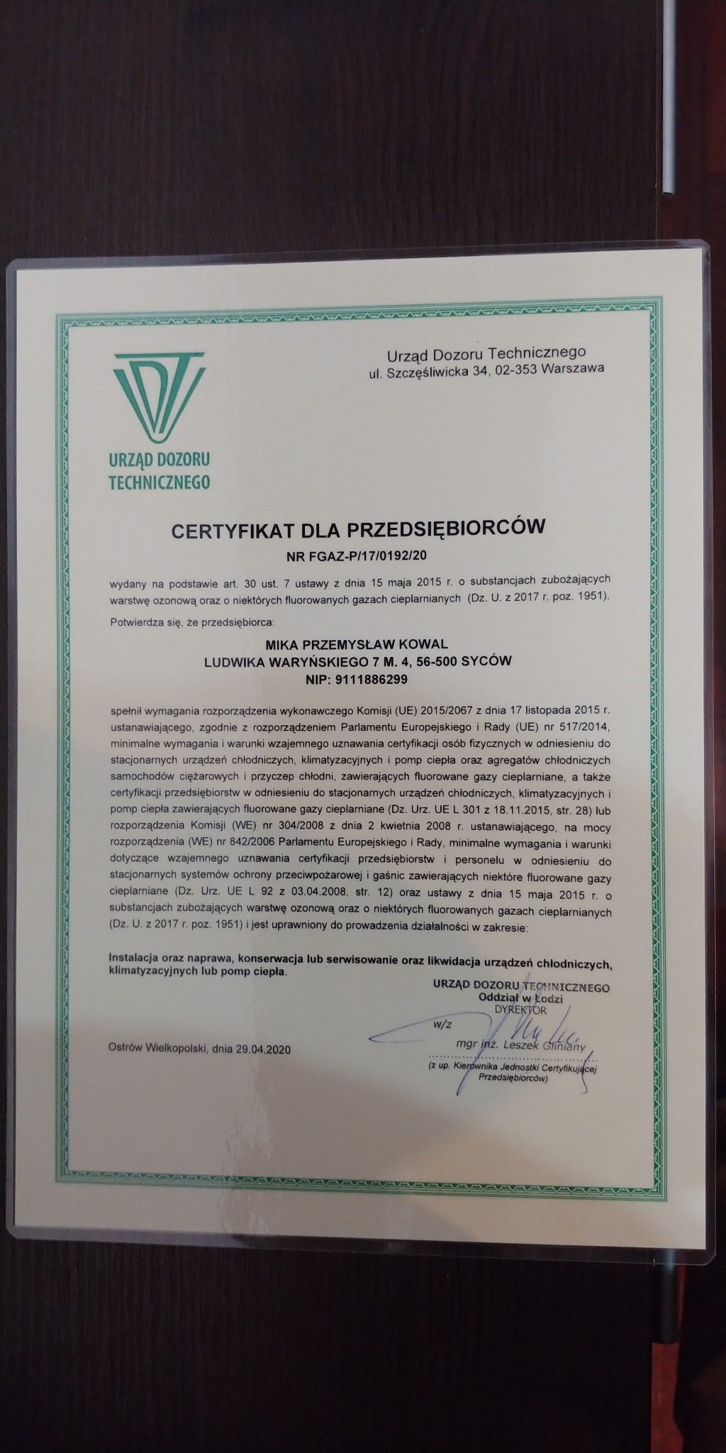 Certyfikat zezwalający na sprzedaż i montaż pomp ciepła oraz klimatyzacji