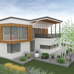 Pani Zieleń - Wizualizacja 3D nowoczesnego domu z ogrodem, z białymi brzozami, ozdobnymi trawami i kulistymi krzewami, oraz figurką człowieka dla skali.