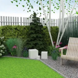 Wizualizacja ogrodu z drewnianym krzesłem na żwirowym podłożu, białymi brzozami, iglakiem i kwitnącymi roślinami na tle białego płotu.