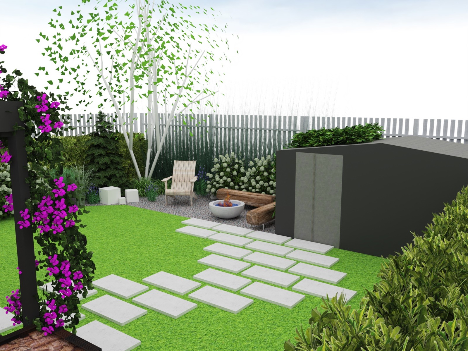Wizualizacja ogrodu z paleniskiem, ścieżką z płyt, pergolą z kwiatami i minimalistyczną architekturą ogrodową.
