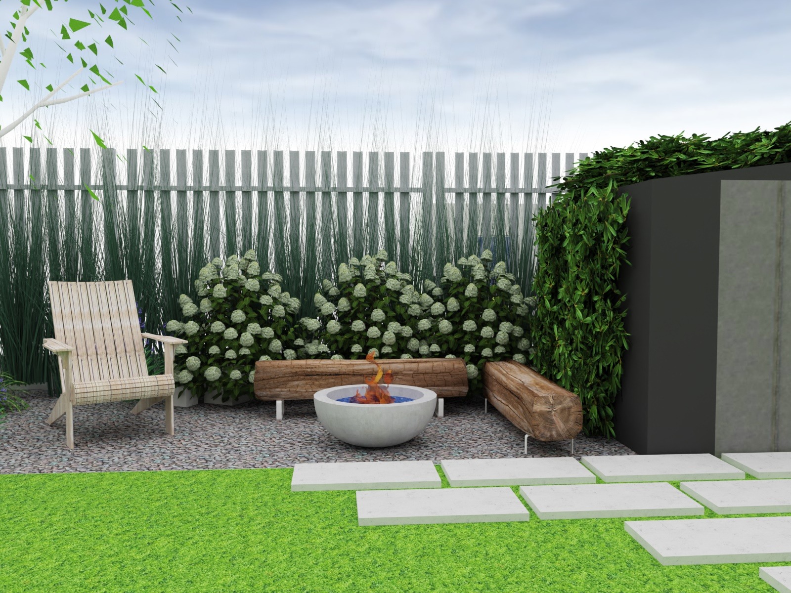 Wizualizacja ogrodu z paleniskiem otoczonym drewnianymi siedziskami, drewnianym krzesłem i ścieżką z płyt betonowych, na tle wysokich traw i białego płotu.