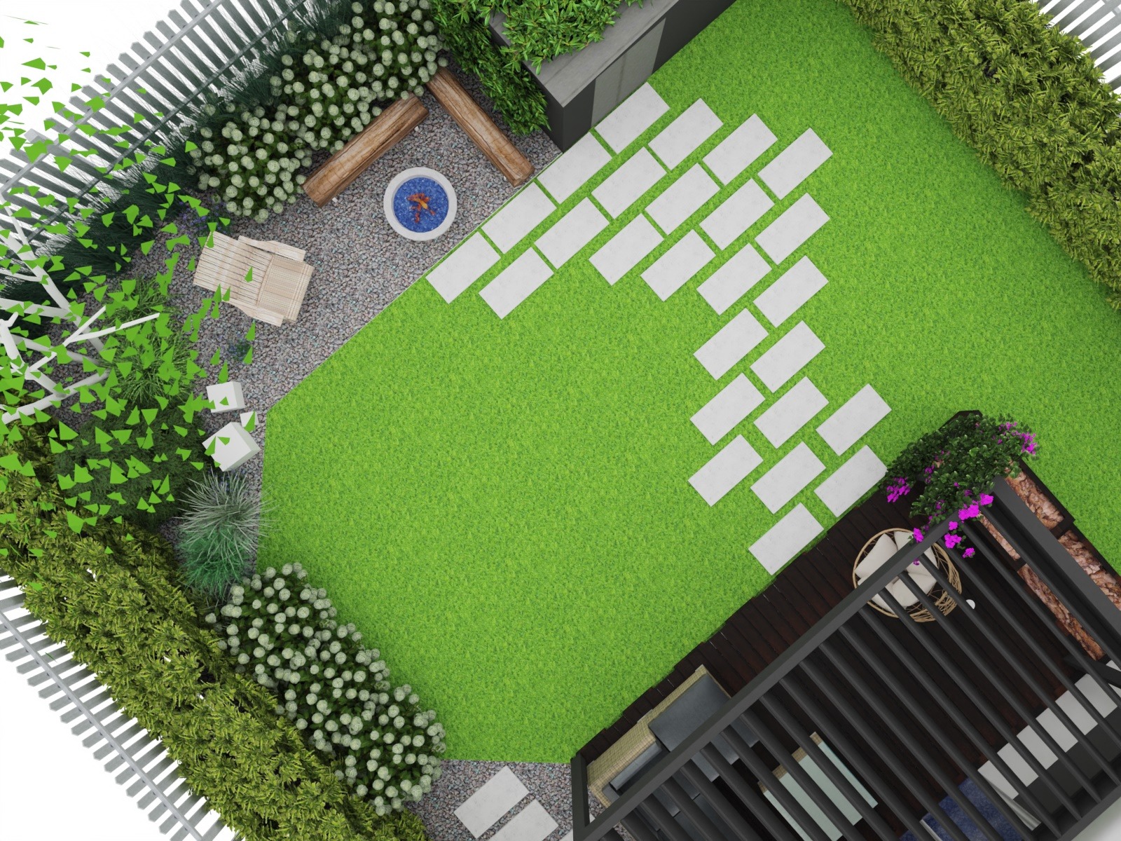Wizualizacja z góry: ogród z trawnikiem, ścieżką z jasnych płyt, drewnianym tarasem, paleniskiem otoczonym drewnianymi belkami, białym ogrodzeniem i różnorodną roślinnością.