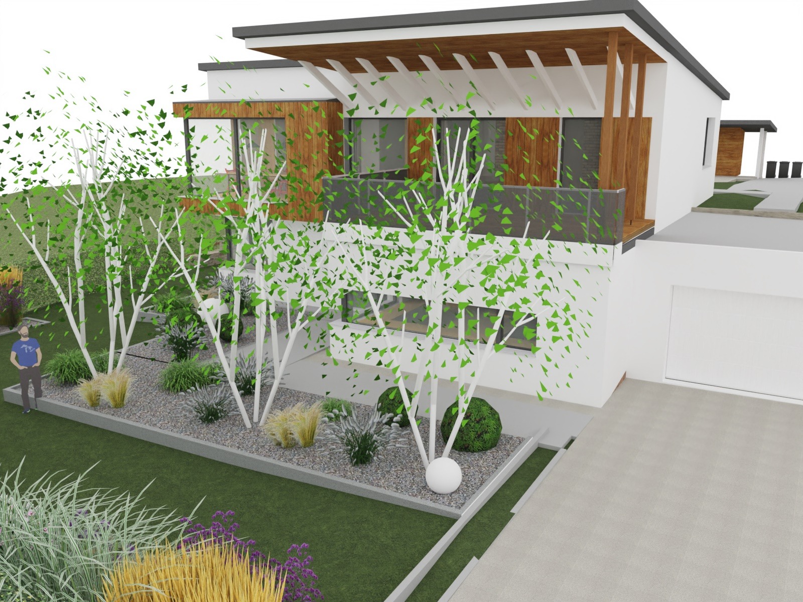 Wizualizacja 3D nowoczesnego domu z ogrodem, zawierająca białe brzozy, ozdobne trawy i rabaty z kamienia, z figurą człowieka dla skali.