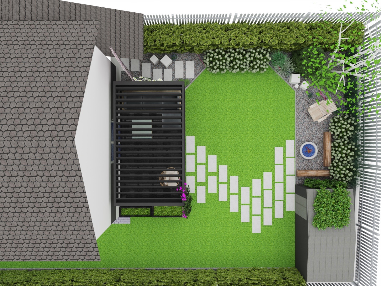 Projekt ogrodu z widokiem z góry, ukazujący nowoczesną pergolę, ścieżkę z białych płyt, mały staw i bujną roślinność.