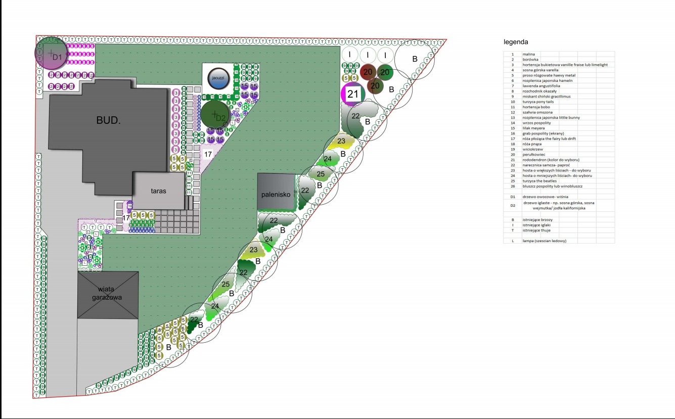 Plan zagospodarowania przestrzennego ogrodu z budynkiem, tarasem, wiatą garażową, paleniskiem i jacuzzi, zawierający legendę z listą roślin i elementów wyposażenia.