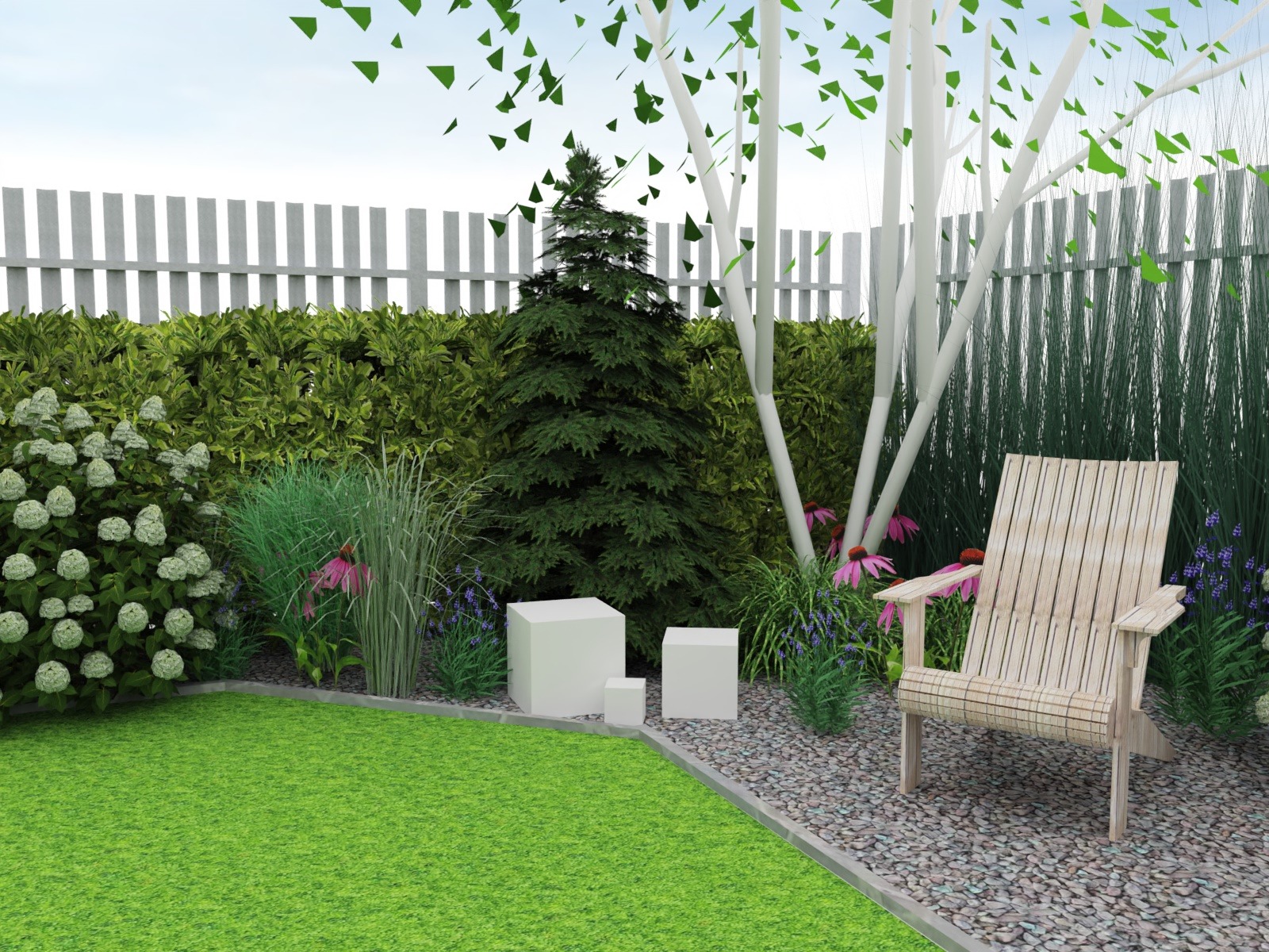 Wizualizacja ogrodu z drewnianym krzesłem na żwirowym podłożu, białymi brzozami, iglakiem i kwitnącymi roślinami na tle białego płotu.