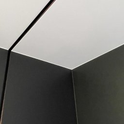 VOLTA - Nowoczesne wykończenie wnętrza: połączenie gładkiej, białej płyty karton gips na suficie z ciemnoszarymi ścianami, podkreślone minimalistyczną listwą.