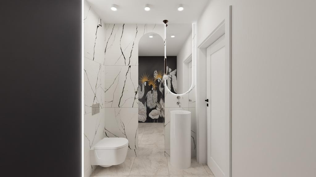 Nowoczesna łazienka z białymi płytkami marmurkowymi i czarnym akcentem, wisząca toaleta, okrągłe lustro z podświetleniem i umywalka na postumencie