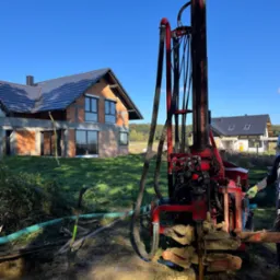 Czerwona wiertnica do studni głębinowych na tle budowy domu jednorodzinnego i błękitnego nieba, z widocznym wykopem wypełnionym wodą.