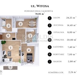 Goldis Nieruchomosci - Rzut 2D mieszkania na ulicy Witosa z salonem, kuchnią, dwiema sypialniami, łazienką, korytarzem, balkonem, komórką lokatorską i logo agencji nieruchomości Goldis.