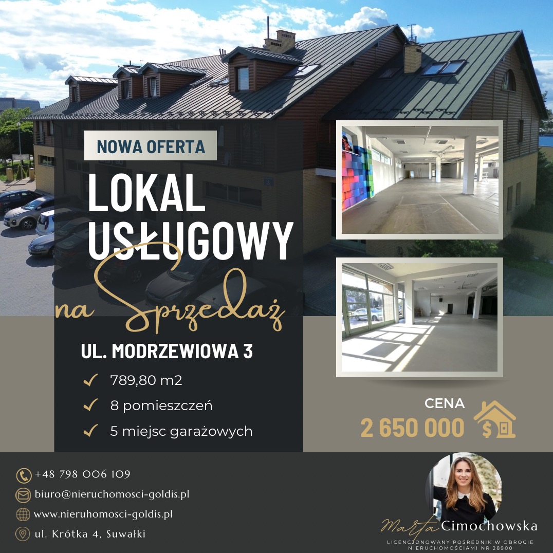 Ogłoszenie sprzedaży lokalu usługowego: budynek z widocznymi miejscami parkingowymi, wnętrze z dużą przestrzenią i kolorowymi panelami, informacje kontaktowe i zdjęcie agenta nieruchomości.