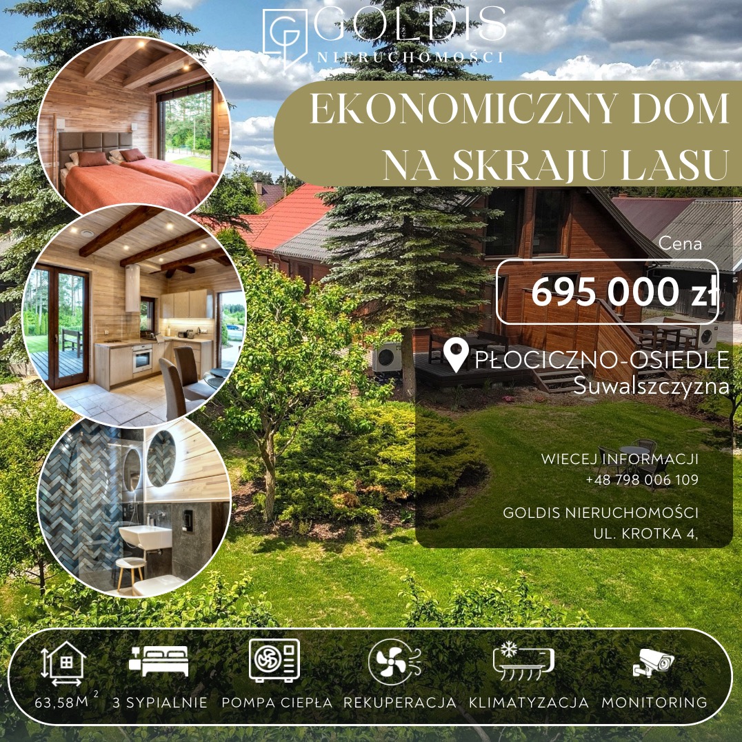 Ogłoszenie nieruchomości: Ekonomiczny dom na skraju lasu w Płocicznie-Osiedle, Suwalszczyzna, z wizualizacjami wnętrz: sypialni, kuchni i łazienki. Informacje o powierzchni, liczbie sypialni...