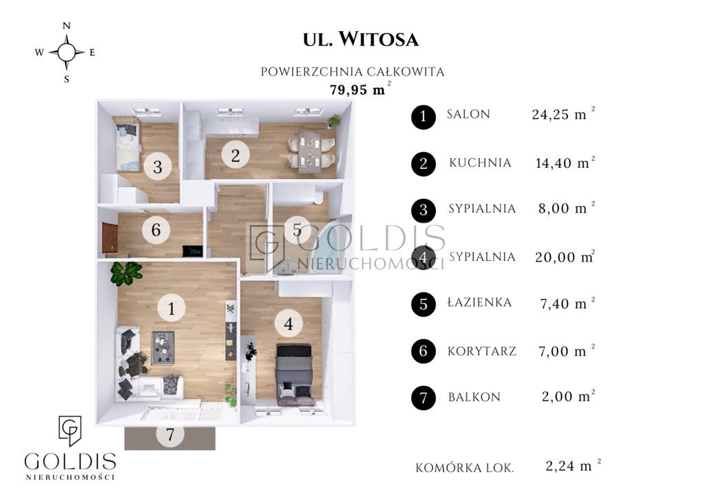 Rzut 2D mieszkania na ulicy Witosa z salonem, kuchnią, dwiema sypialniami, łazienką, korytarzem, balkonem, komórką lokatorską i logo agencji nieruchomości Goldis.