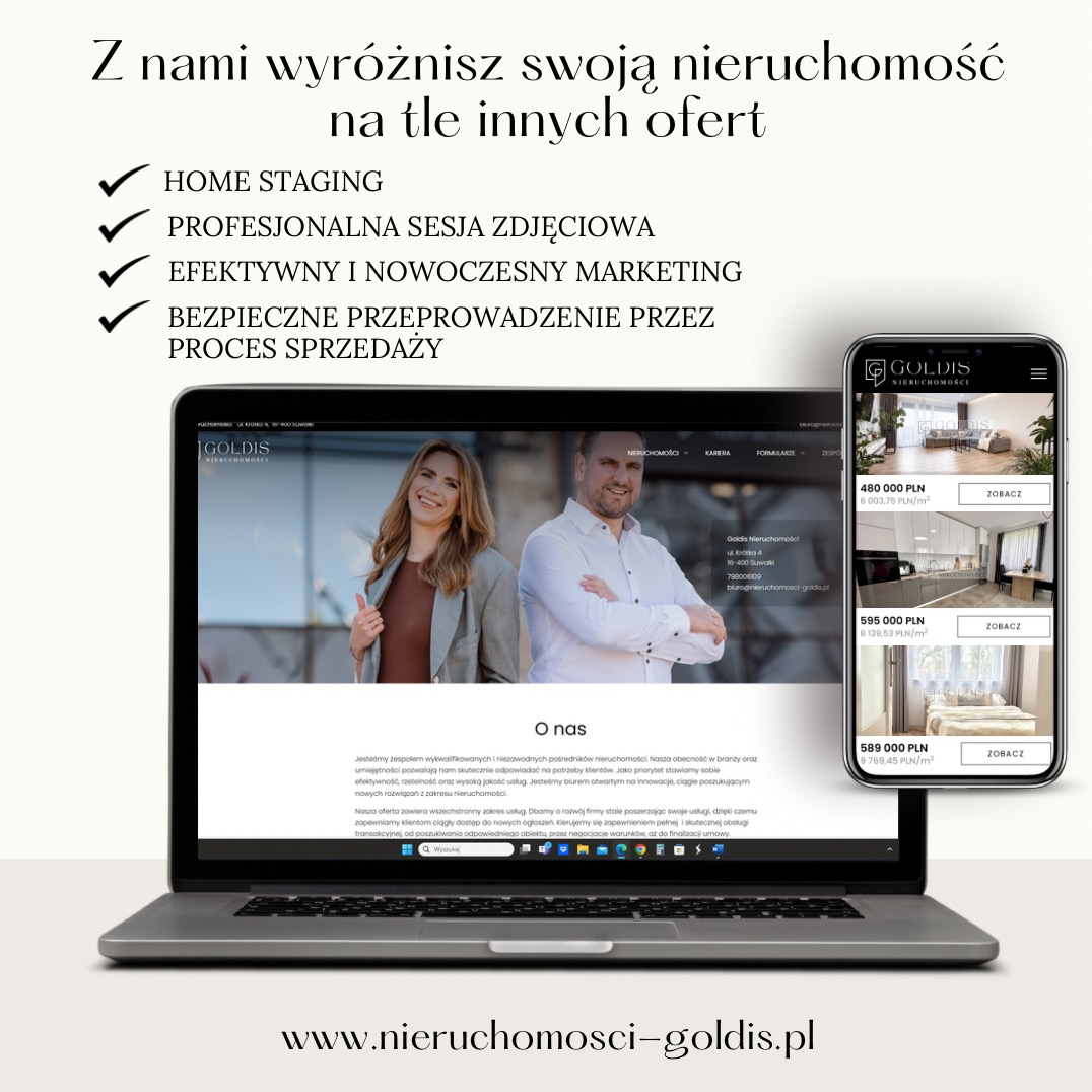 Laptop i smartfon prezentujące stronę internetową agencji nieruchomości Goldis, z hasłami reklamowymi o home stagingu, profesjonalnej sesji zdjęciowej, marketingu i bezpiecznym procesie sprzedaży.