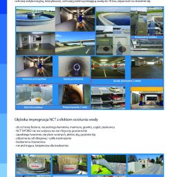 Zestaw zdjęć przedstawiających impregnację betonu i kamienia preparatem NCT Hydro Beton, ukazujących efekty przed i po zabiegu, z przykładami zastosowań w oczyszczalniach ścieków, kolektorach...