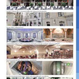 Renobau NCT Partners - Zestaw zdjęć przedstawiających różne realizacje: renowacja lokalu z ogródkiem wiedeńskim, renowacja kamienicy pod nadzorem konserwatorskim, wnętrze łaźni tureckiej, prace przy podłogach w zamku...