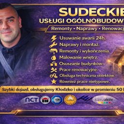 Ogłoszenie firmy remontowo-budowlanej 'Sudeckie' z ofertą usług: remonty, naprawy, renowacje, usuwanie awarii 24h, malowanie wnętrz, osuszanie budynków. Szybki dojazd Kłodzko i okolice.