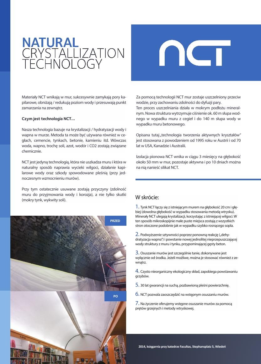 Porównanie muru przed i po zastosowaniu technologii NCT: zniszczony mur z wykwitami soli i pleśnią (PRZED) oraz odnowiony mur w jasnym pomieszczeniu (PO)