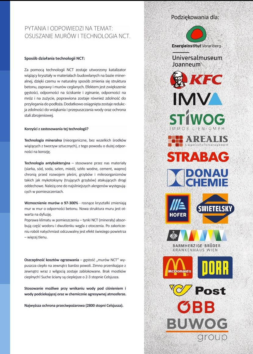 Informacje o technologii NCT do osuszania murów, wzmacniania i poprawy klimatu w pomieszczeniach, z logotypami firm budowlanych.