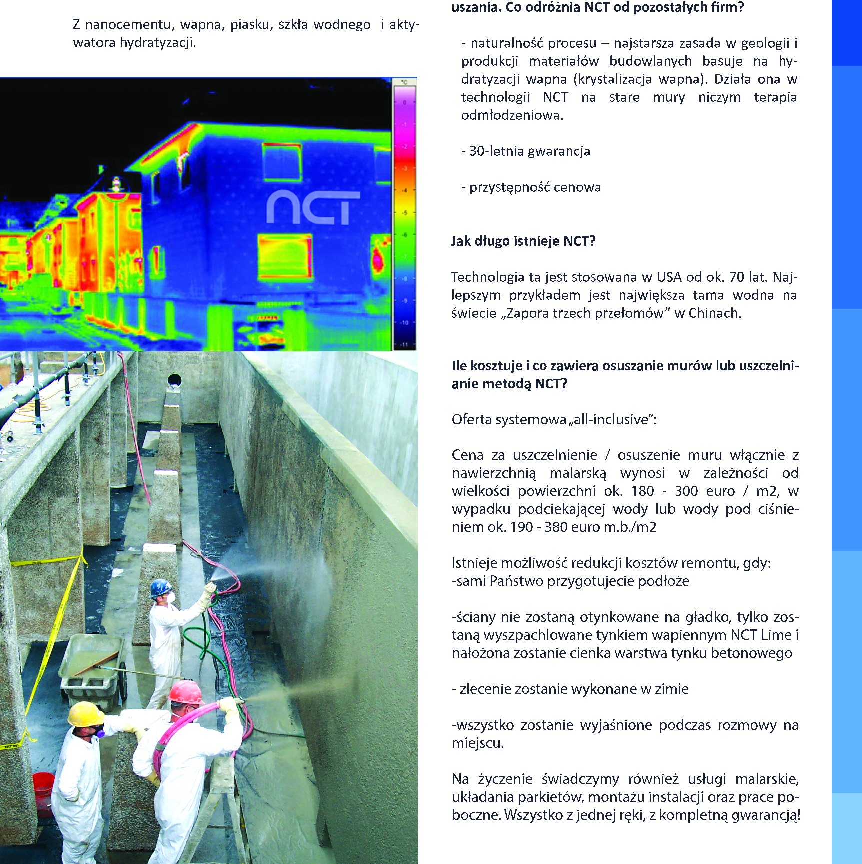 Pracownicy w kombinezonach ochronnych, kaskach i maskach natryskują preparat na betonowe ściany zbiornika podczas procesu naprawy lub uszczelniania, z widocznymi wężami i wózkiem z zaprawą.