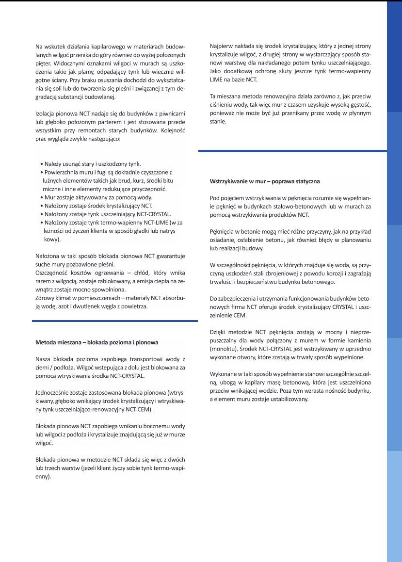 Tekst informacyjny o metodach blokowania wilgoci w murach, opisujący procesy krystalizacji, wtryskiwania środka NCT-CRYSTAL oraz nakładania tynków uszczelniających i termo-wapiennych.