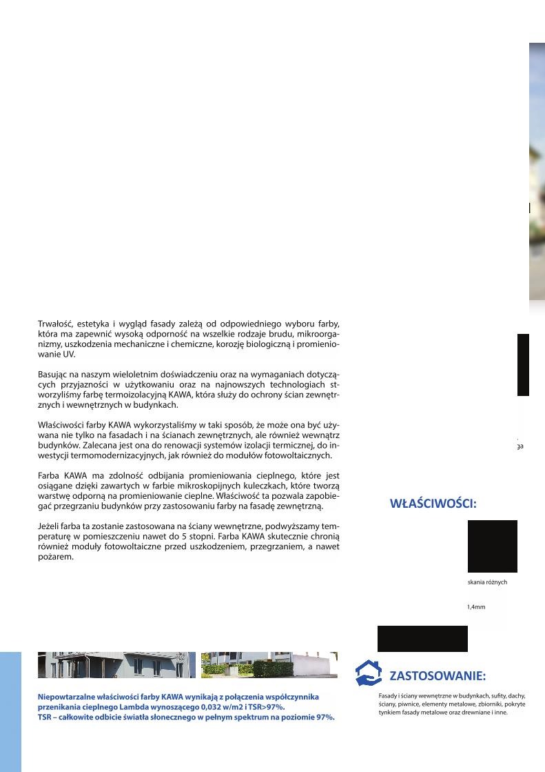 Ulotka reklamowa farby termoizolacyjnej KAWA z informacjami o właściwościach, zastosowaniu i współczynniku przenikania ciepła Lambda.