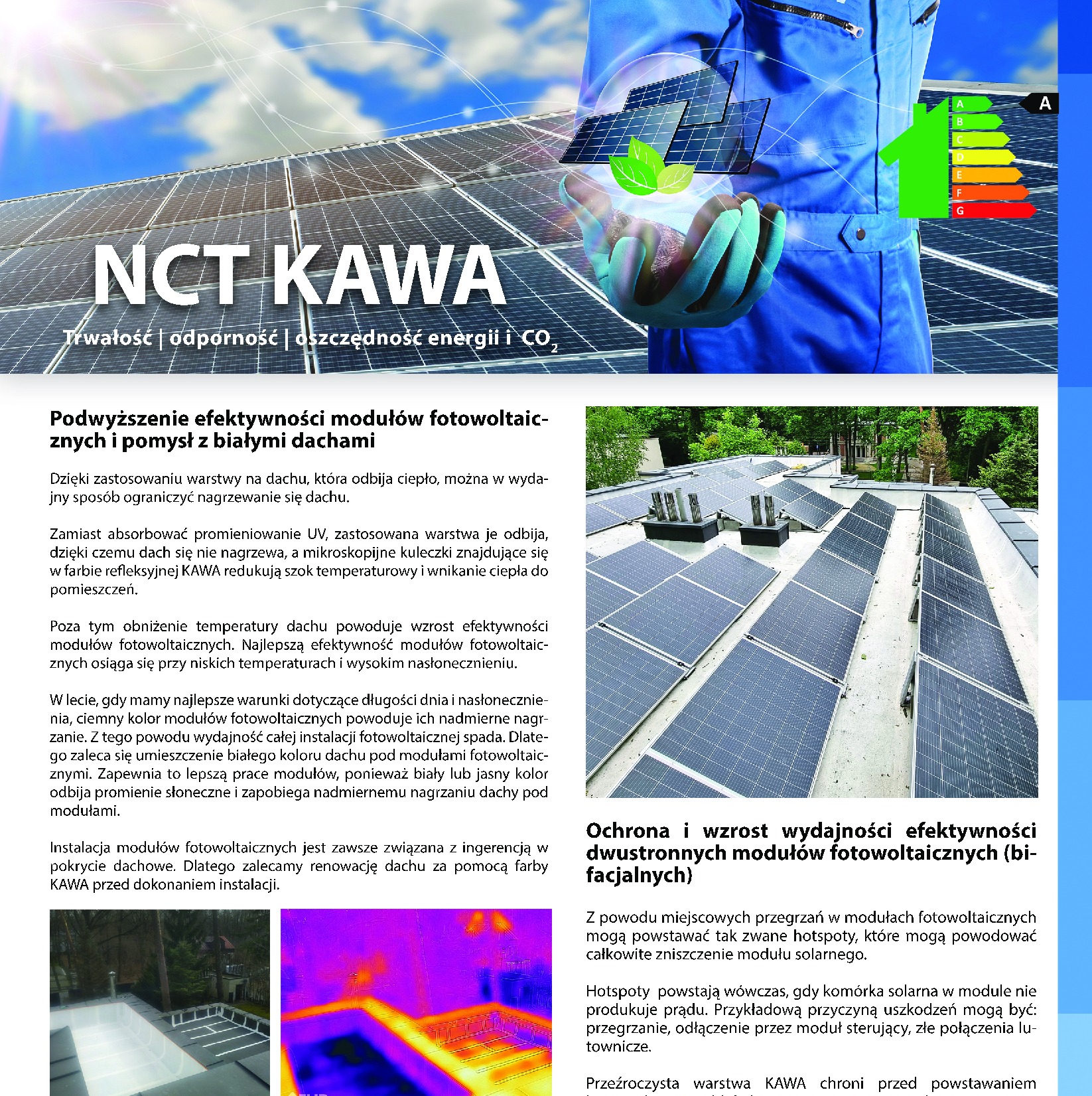 Grafika reklamowa farby do dachów pod panele fotowoltaiczne, prezentująca efektywność energetyczną i redukcję nagrzewania dachu.