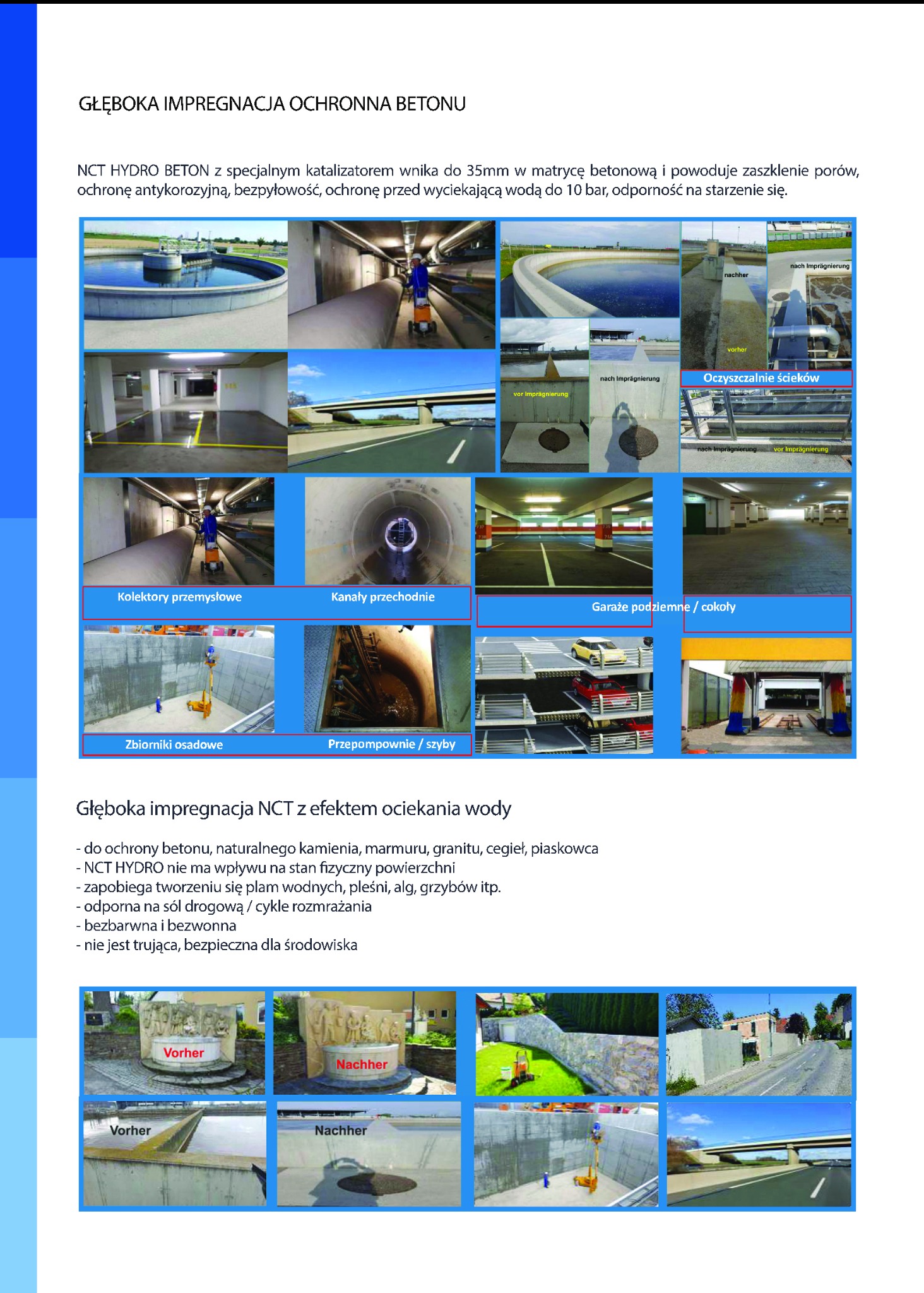 Zestaw zdjęć przedstawiających impregnację betonu i kamienia preparatem NCT Hydro Beton, ukazujących efekty przed i po zabiegu, z przykładami zastosowań w oczyszczalniach ścieków, kolektorach...