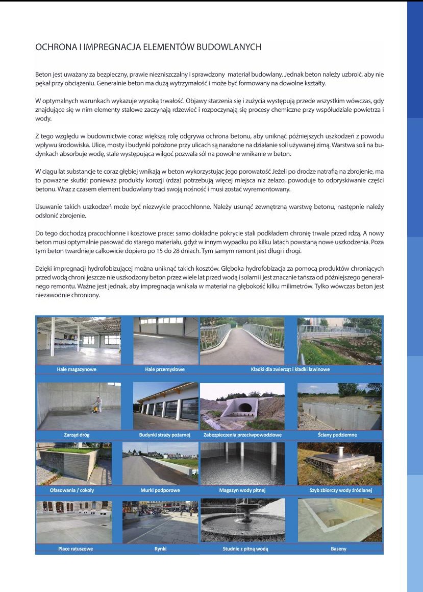 Zestaw zdjęć prezentujących różne konstrukcje betonowe: hale magazynowe, hale przemysłowe, kładki dla zwierząt, zarząd dróg, budynki straży pożarnej, zabezpieczenia przeciwpowodziowe, ściany...