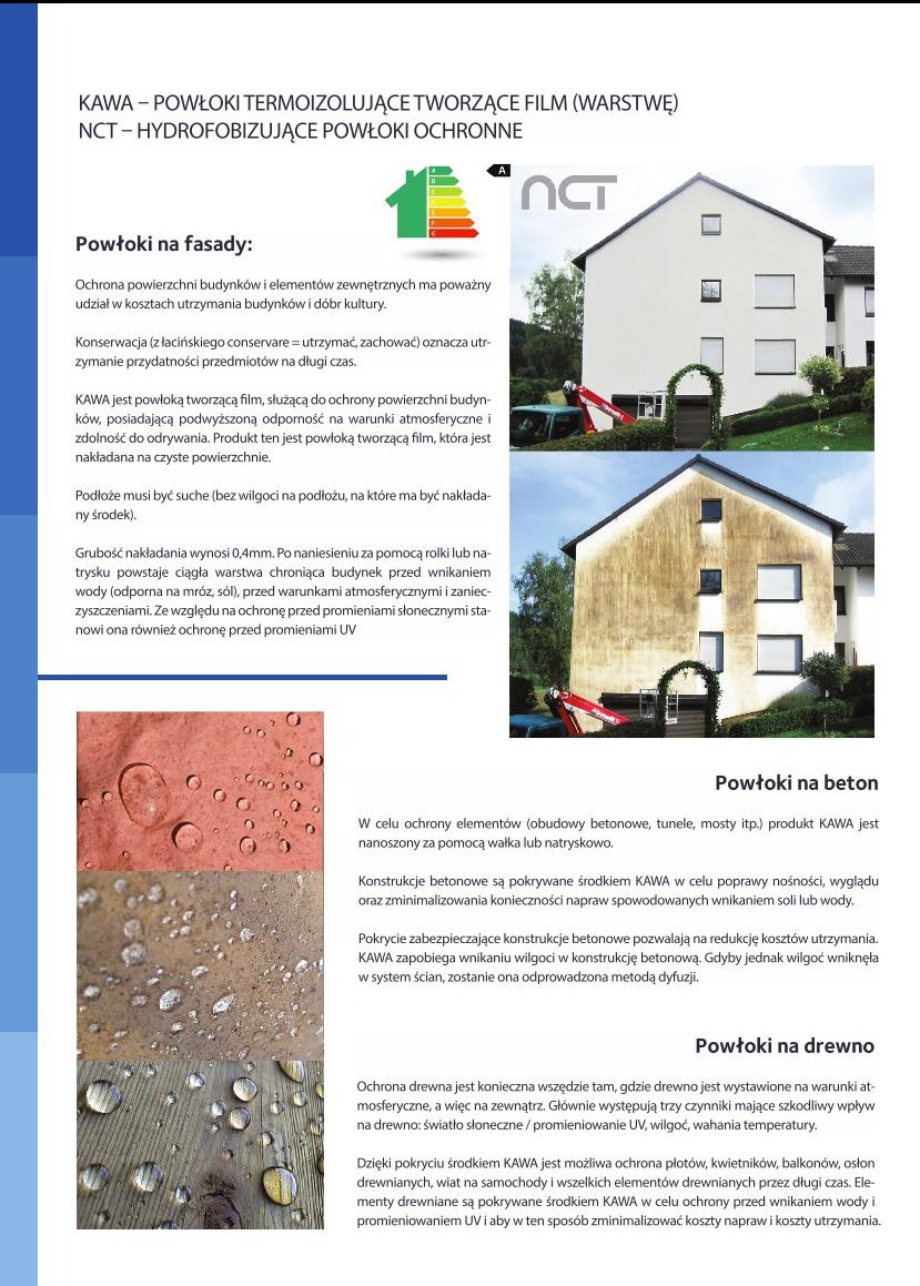 Budynek po zastosowaniu powłoki ochronnej Kawa, widoczne efekty hydrofobowe na fasadzie, betonie i drewnie, krople wody na powierzchniach.