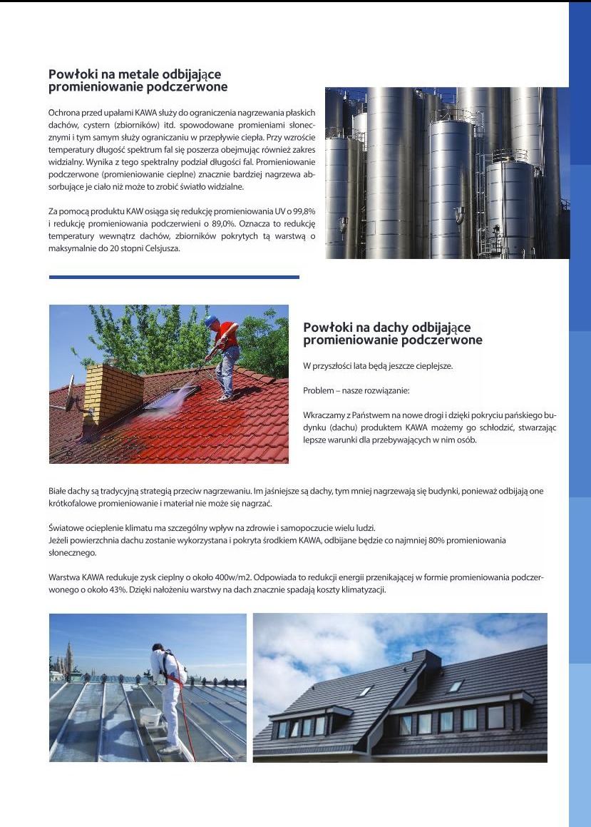 Aplikacja białej powłoki odbijającej promieniowanie na czerwonym dachu z cegły, widok z bliska na rozpylanie środka przez pracownika w niebieskiej koszulce, z zielenią w tle.