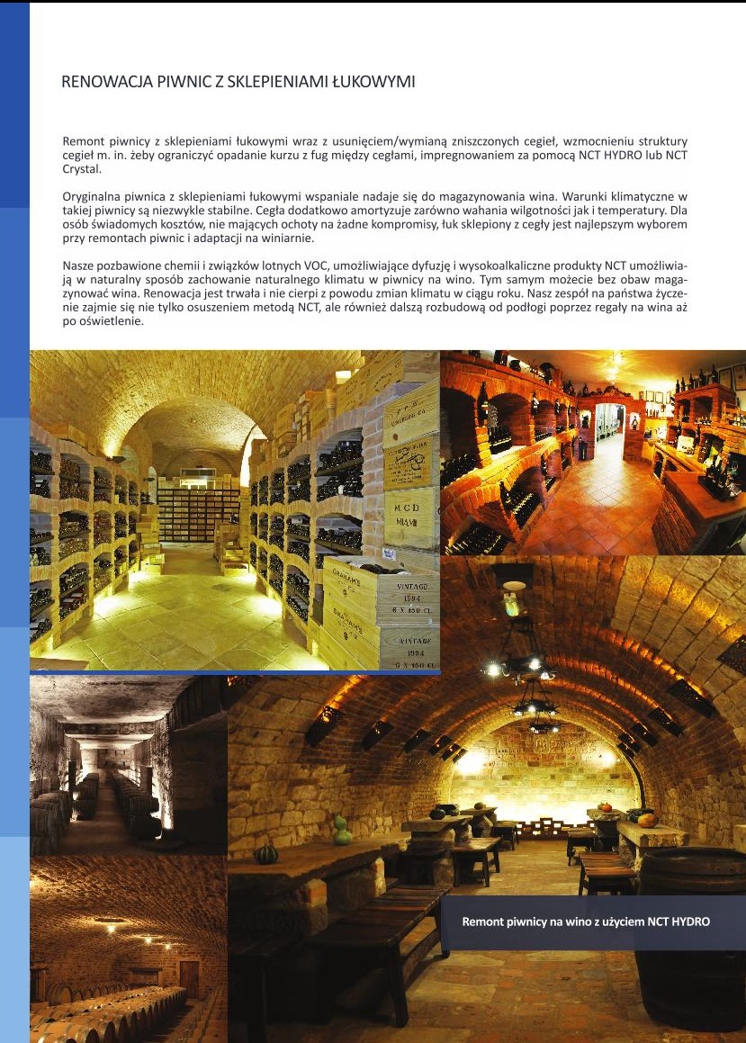 Piwnica z łukowym sklepieniem po renowacji, regały wypełnione butelkami wina, drewniane skrzynie z rocznikami, oświetlenie punktowe, kamienna posadzka.