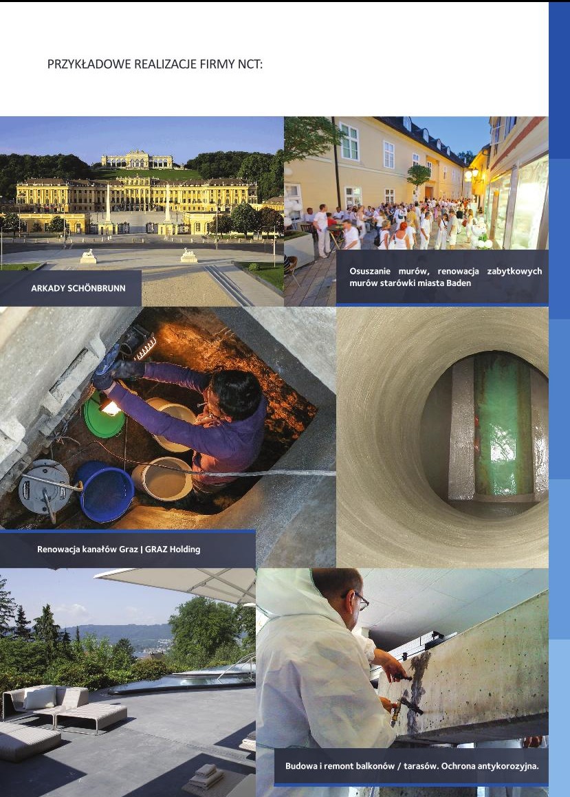 Kompozycja zdjęć z realizacji firmy: Arkady Schönbrunn, osuszanie murów w Baden, renowacja kanałów w Graz oraz budowa balkonów i tarasów.